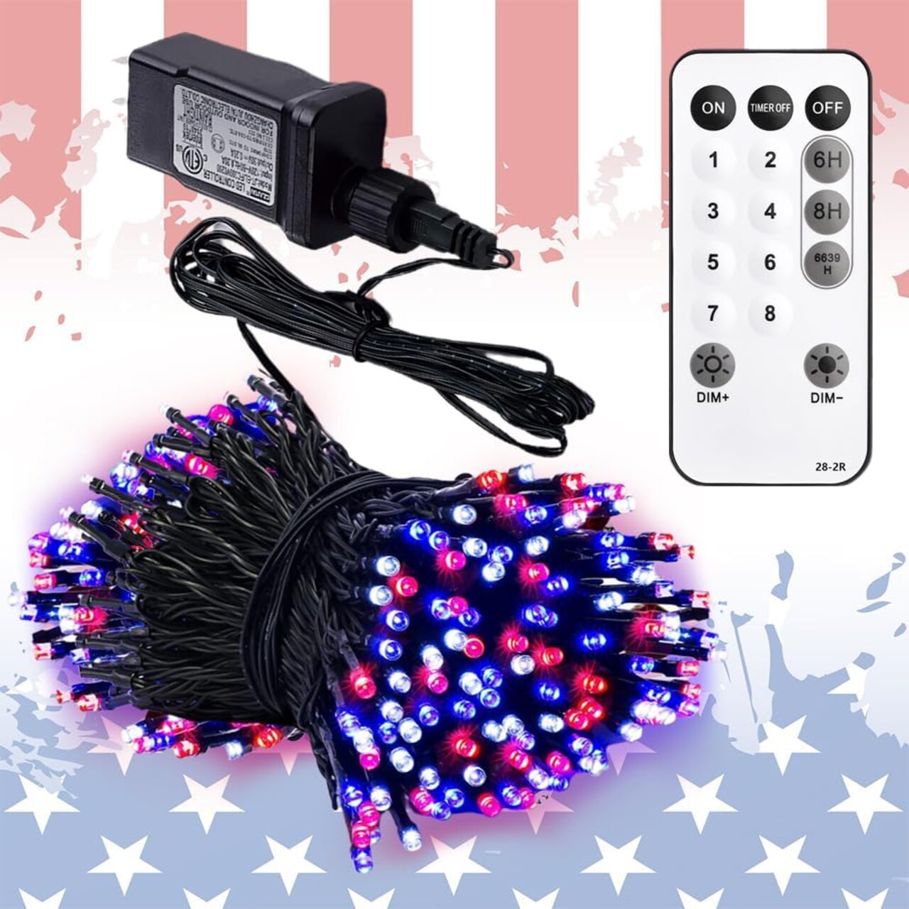 105ft 300 LED Red Blue and White String Lights 4th of July Independence Day Timer LED String Lights Plug in 8 Modes Patriotic Party Decoration Supplies Indoor Outdoor (Connectable)